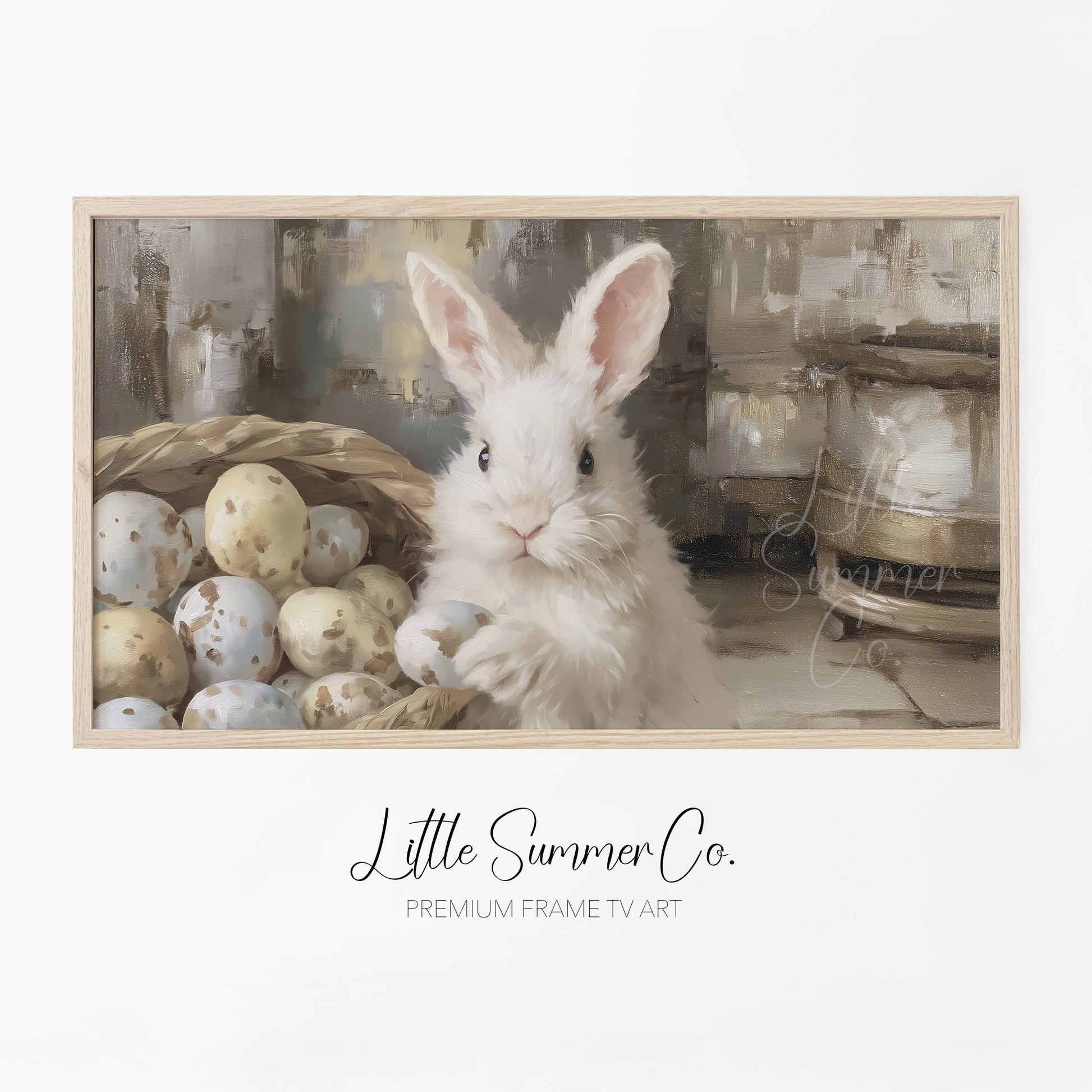 Bunny With Eggs Frame TV Art displayed on a TV