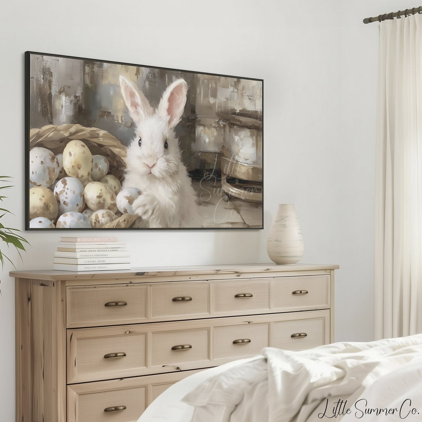 Bunny With Eggs Frame TV Art displayed on a TV