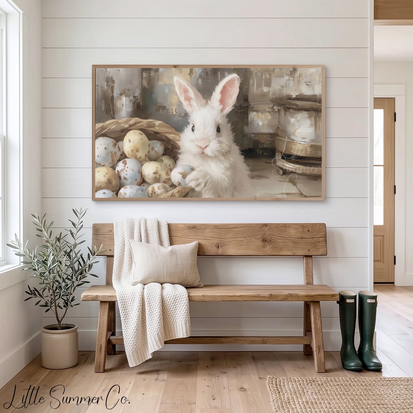 Bunny With Eggs Frame TV Art displayed on a TV