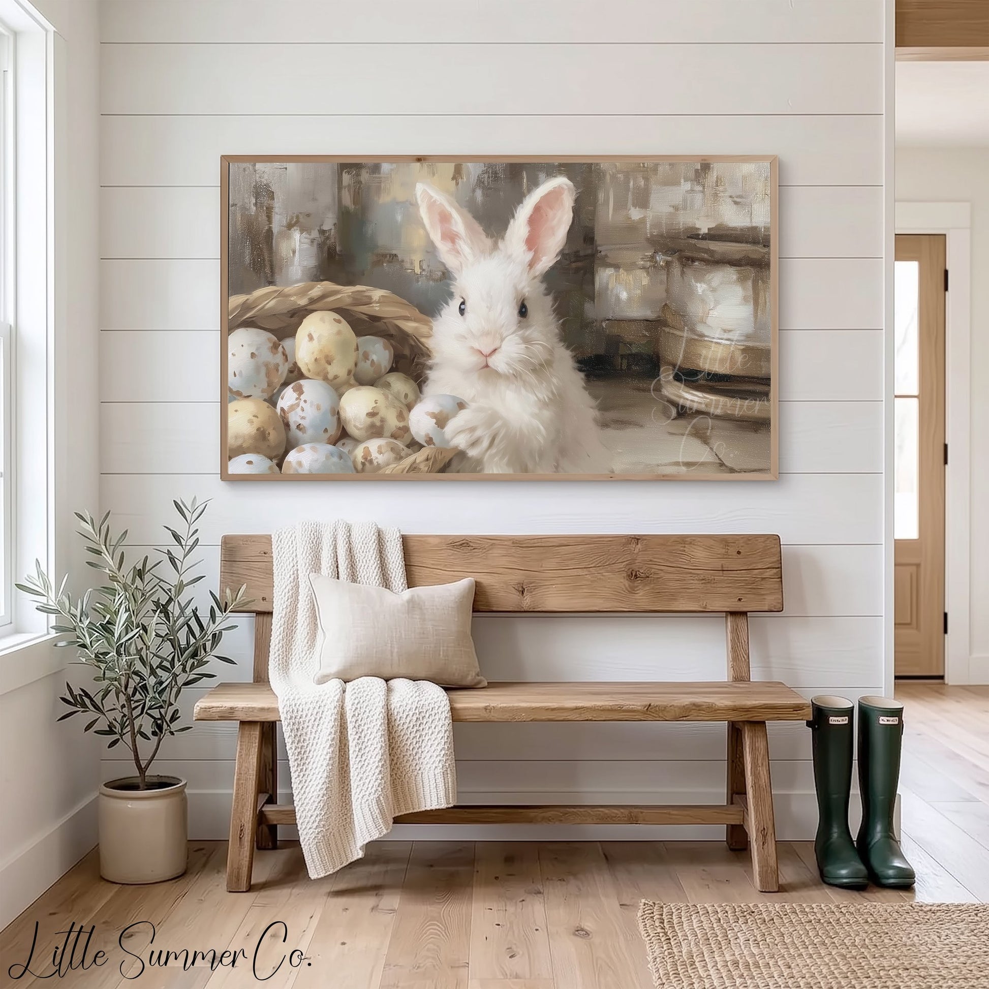 Bunny With Eggs Frame TV Art displayed on a TV