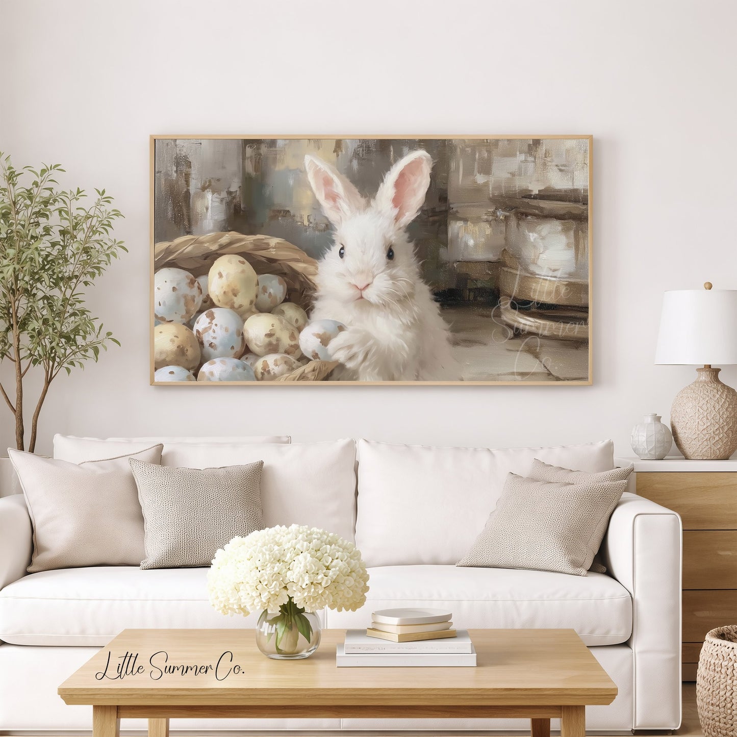 Bunny With Eggs Frame TV Art displayed on a TV