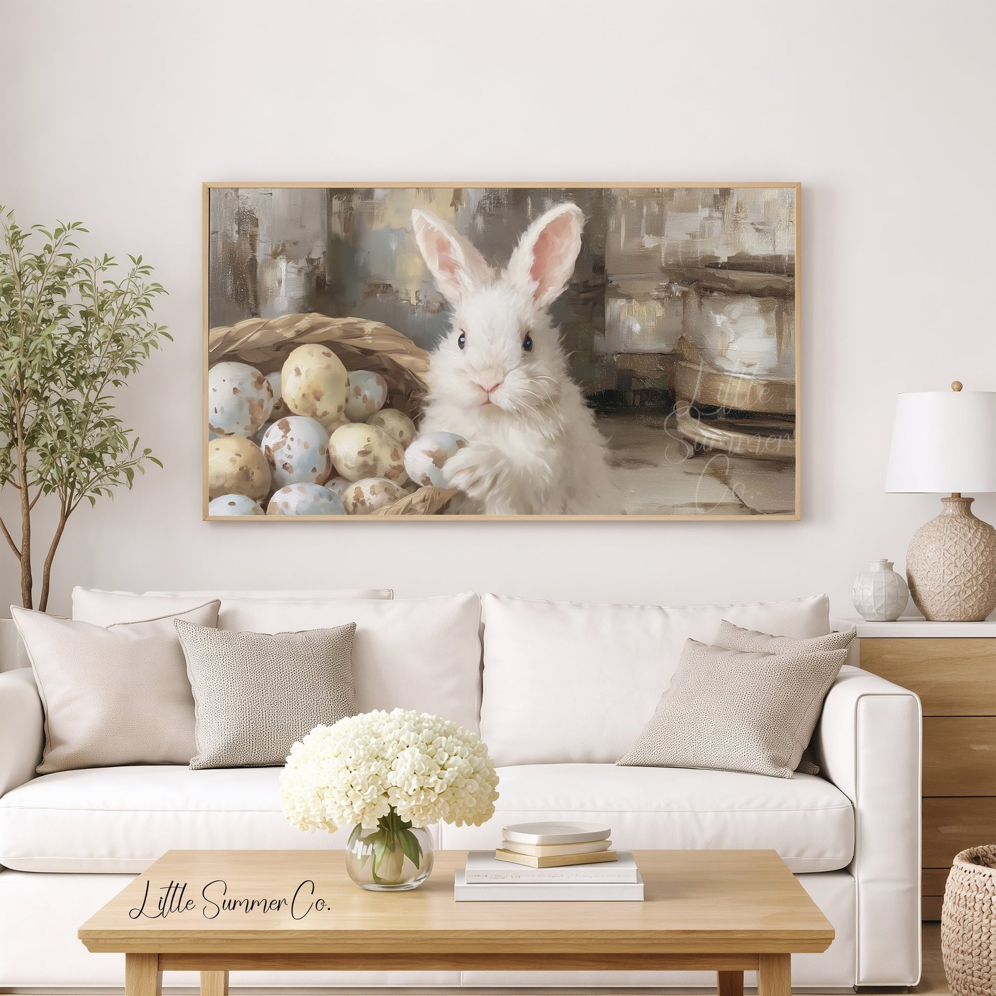 Bunny With Eggs Frame TV Art displayed on a TV