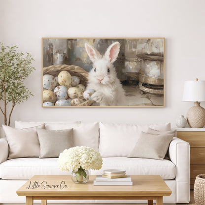 Bunny With Eggs Frame TV Art displayed on a TV