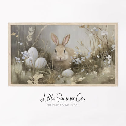 Bunny Among Eggs Frame TV Art displayed on a TV