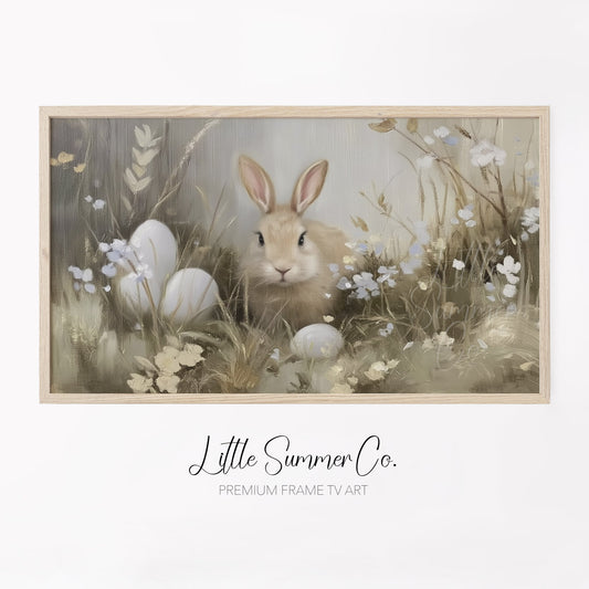 Bunny Among Eggs Frame TV Art displayed on a TV