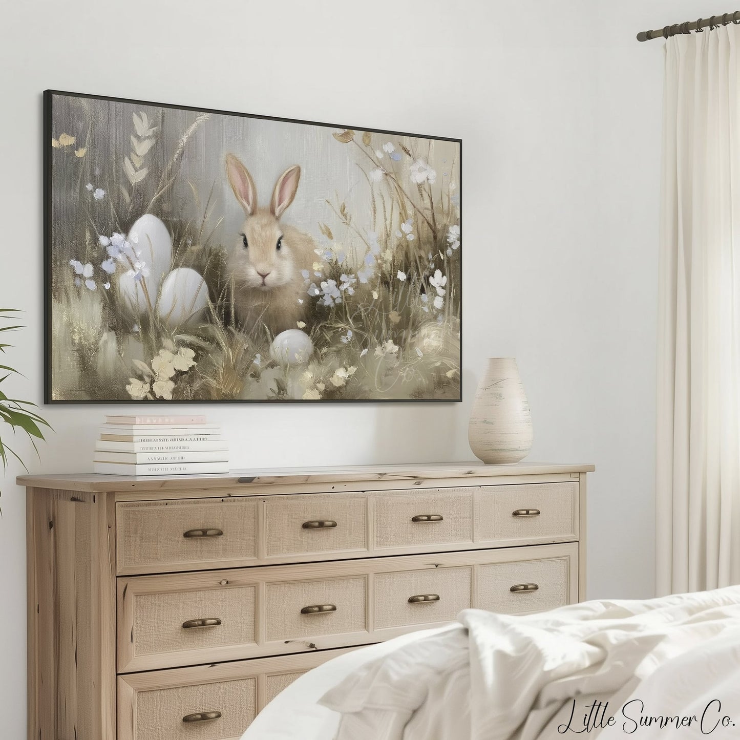 Bunny Among Eggs Frame TV Art displayed on a TV