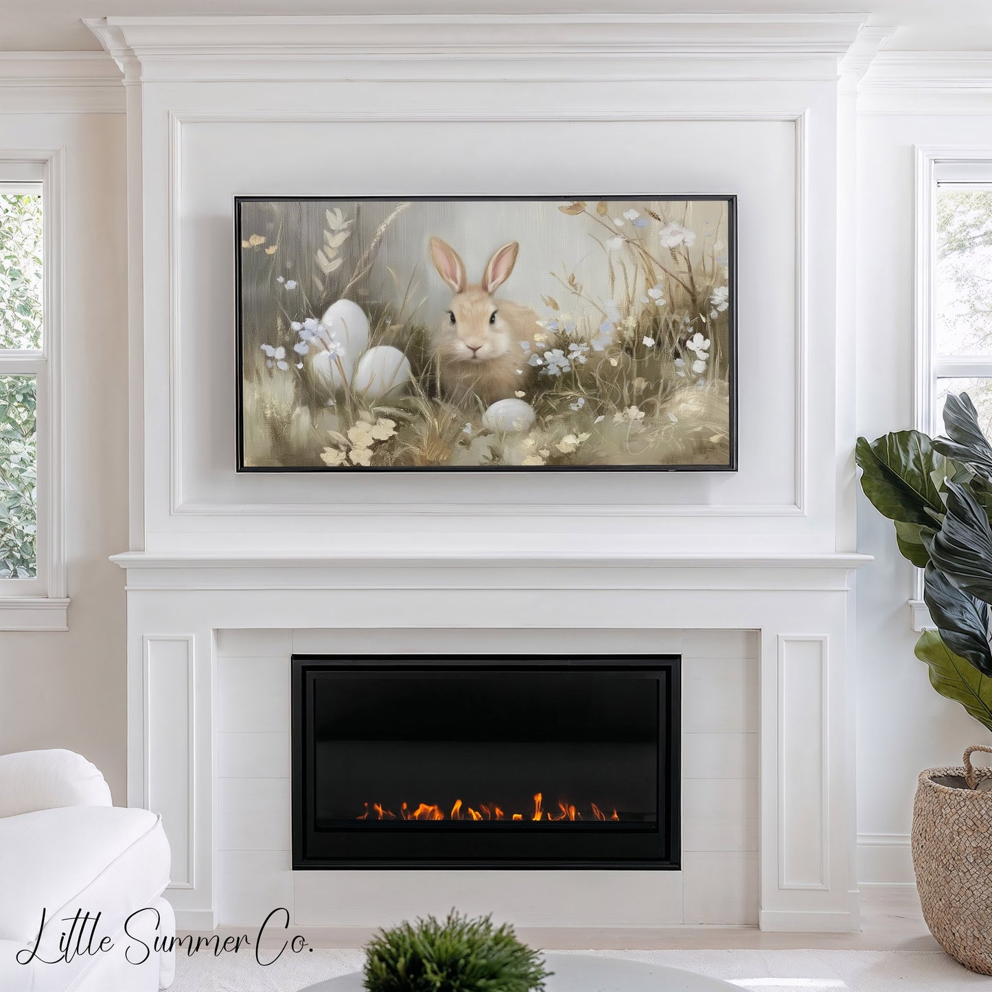 Bunny Among Eggs Frame TV Art displayed on a TV