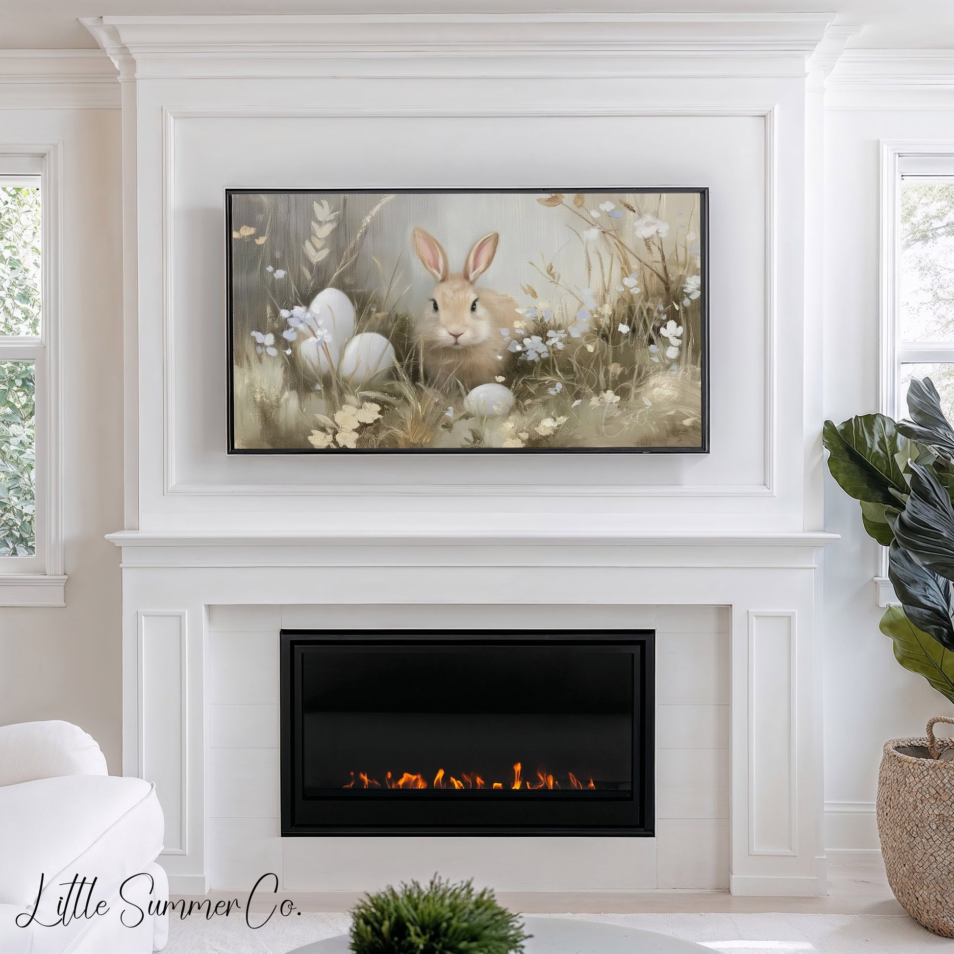 Bunny Among Eggs Frame TV Art displayed on a TV
