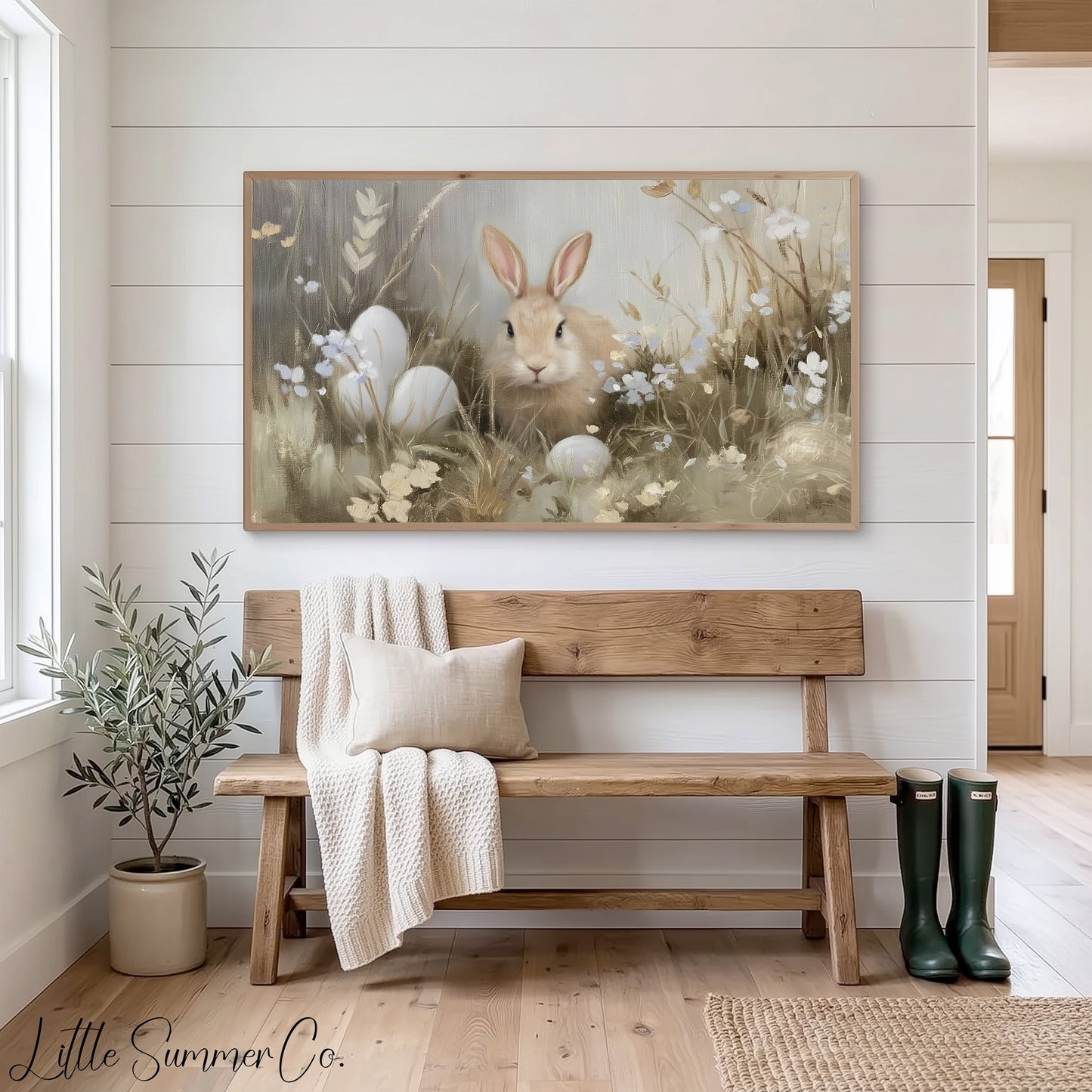 Bunny Among Eggs Frame TV Art displayed on a TV