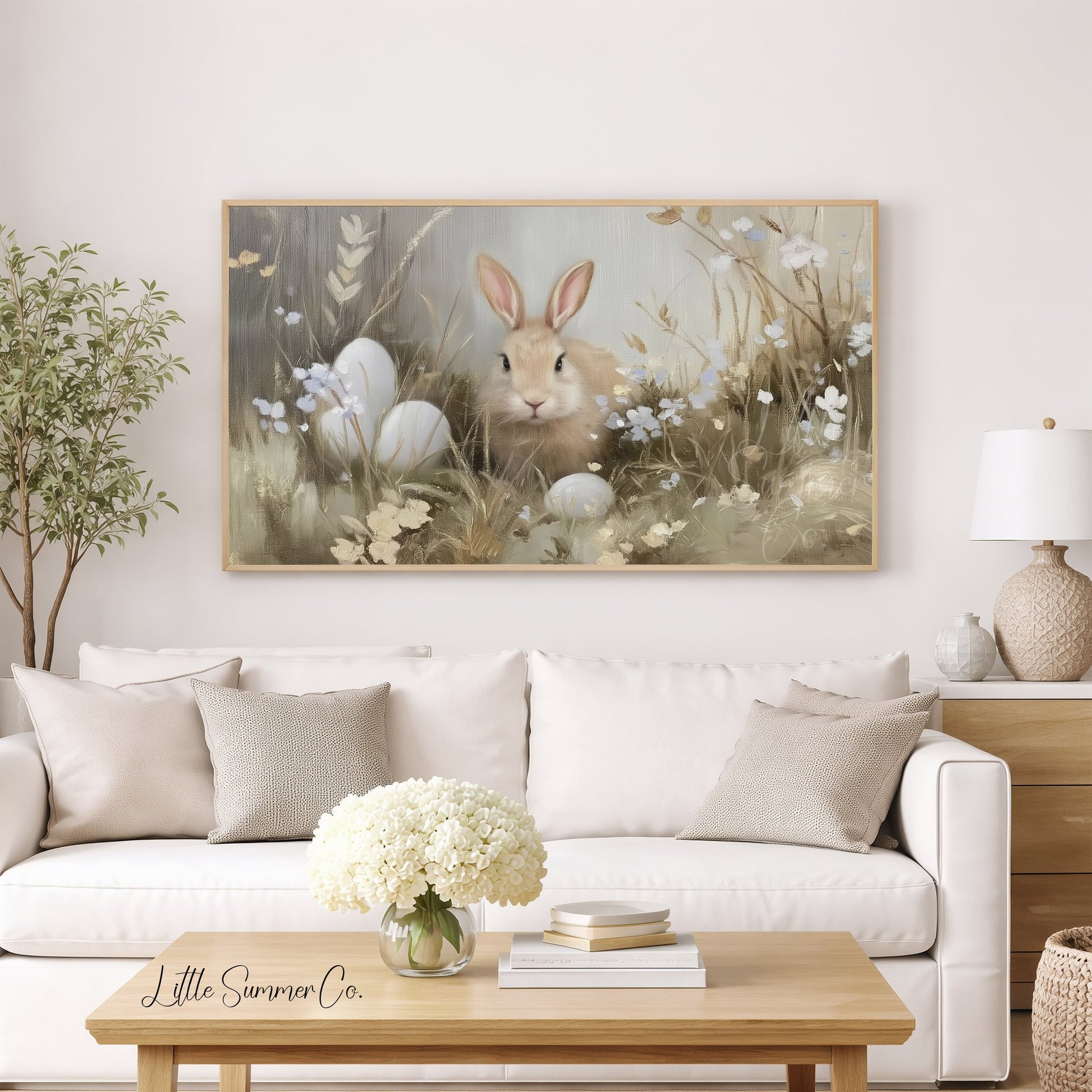 Bunny Among Eggs Frame TV Art displayed on a TV