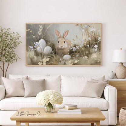 Bunny Among Eggs Frame TV Art displayed on a TV