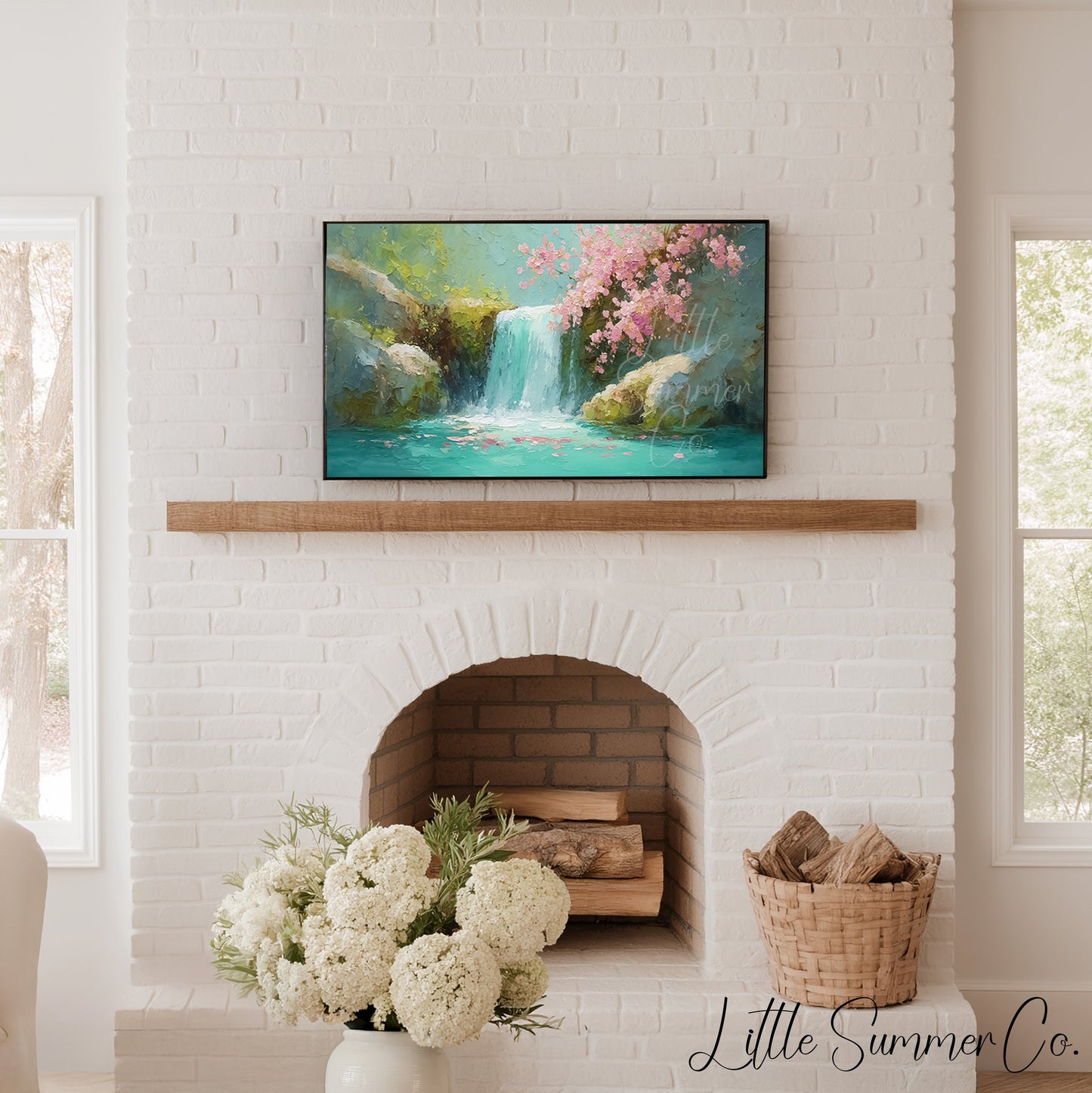 Cherry Blossom Waterfall Frame TV Art displayed on a TV