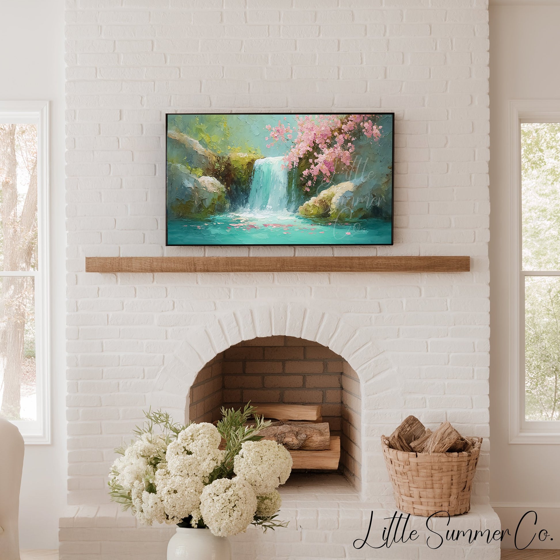 Cherry Blossom Waterfall Frame TV Art displayed on a TV
