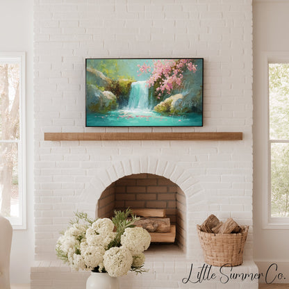 Cherry Blossom Waterfall Frame TV Art displayed on a TV
