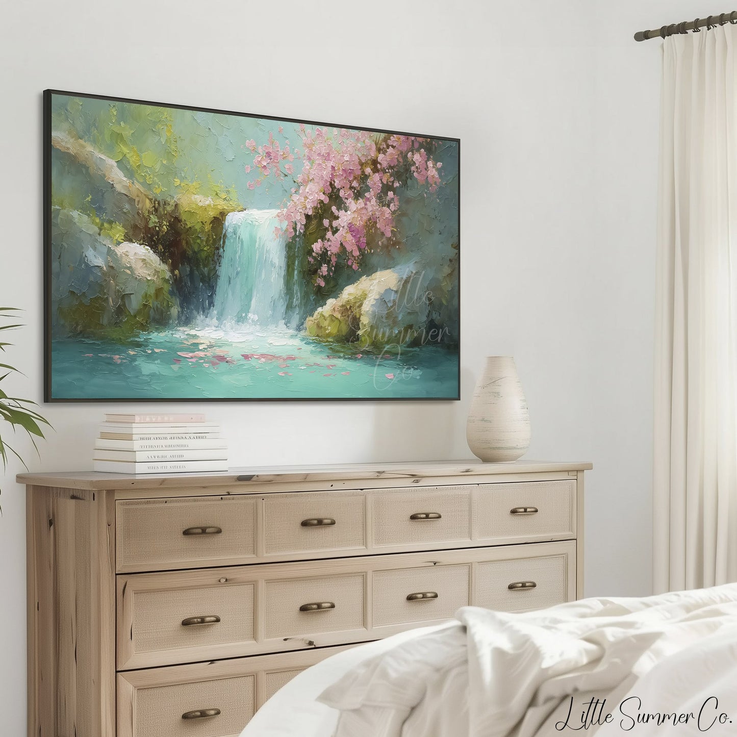 Cherry Blossom Waterfall Frame TV Art displayed on a TV