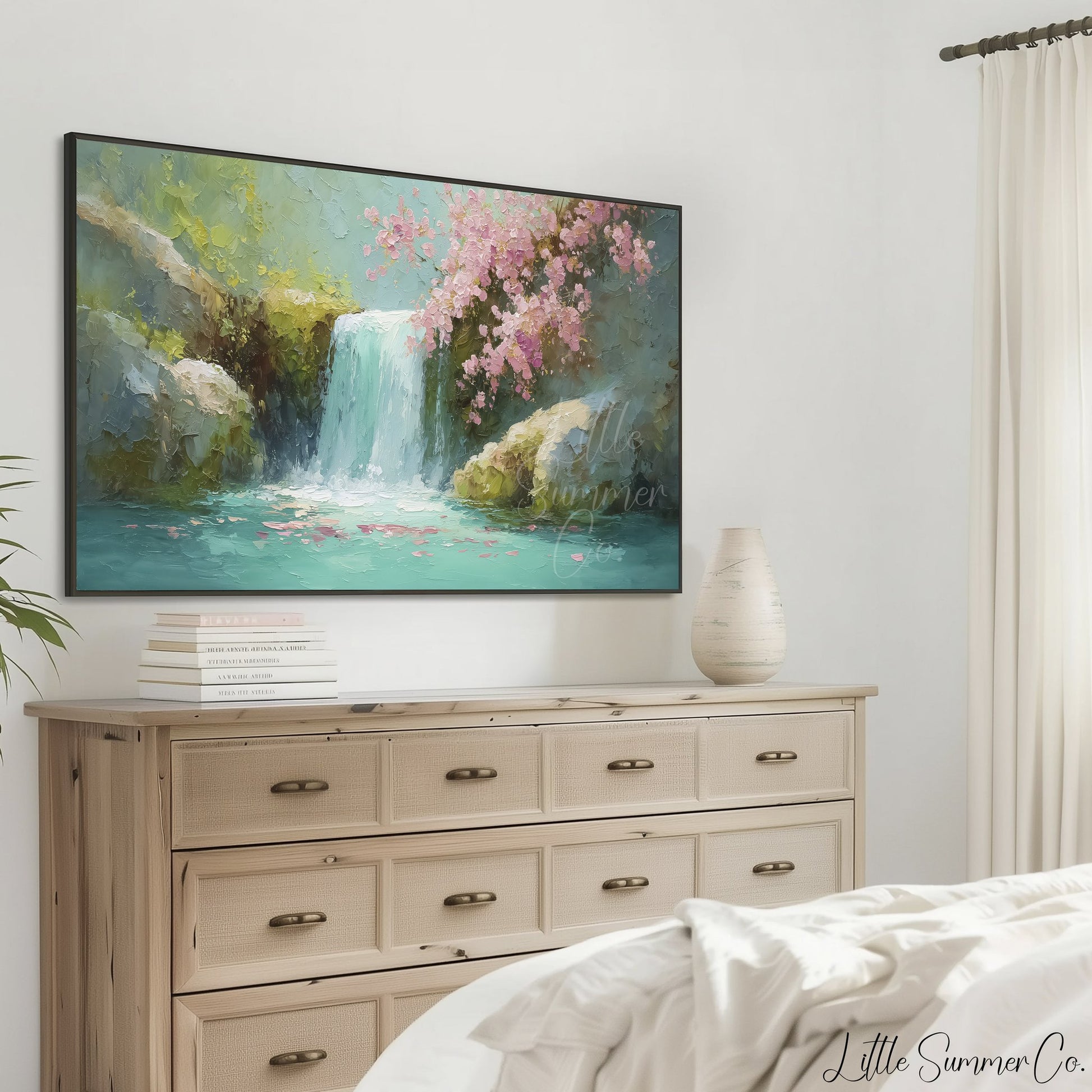 Cherry Blossom Waterfall Frame TV Art displayed on a TV