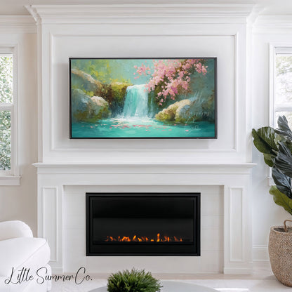 Cherry Blossom Waterfall Frame TV Art displayed on a TV