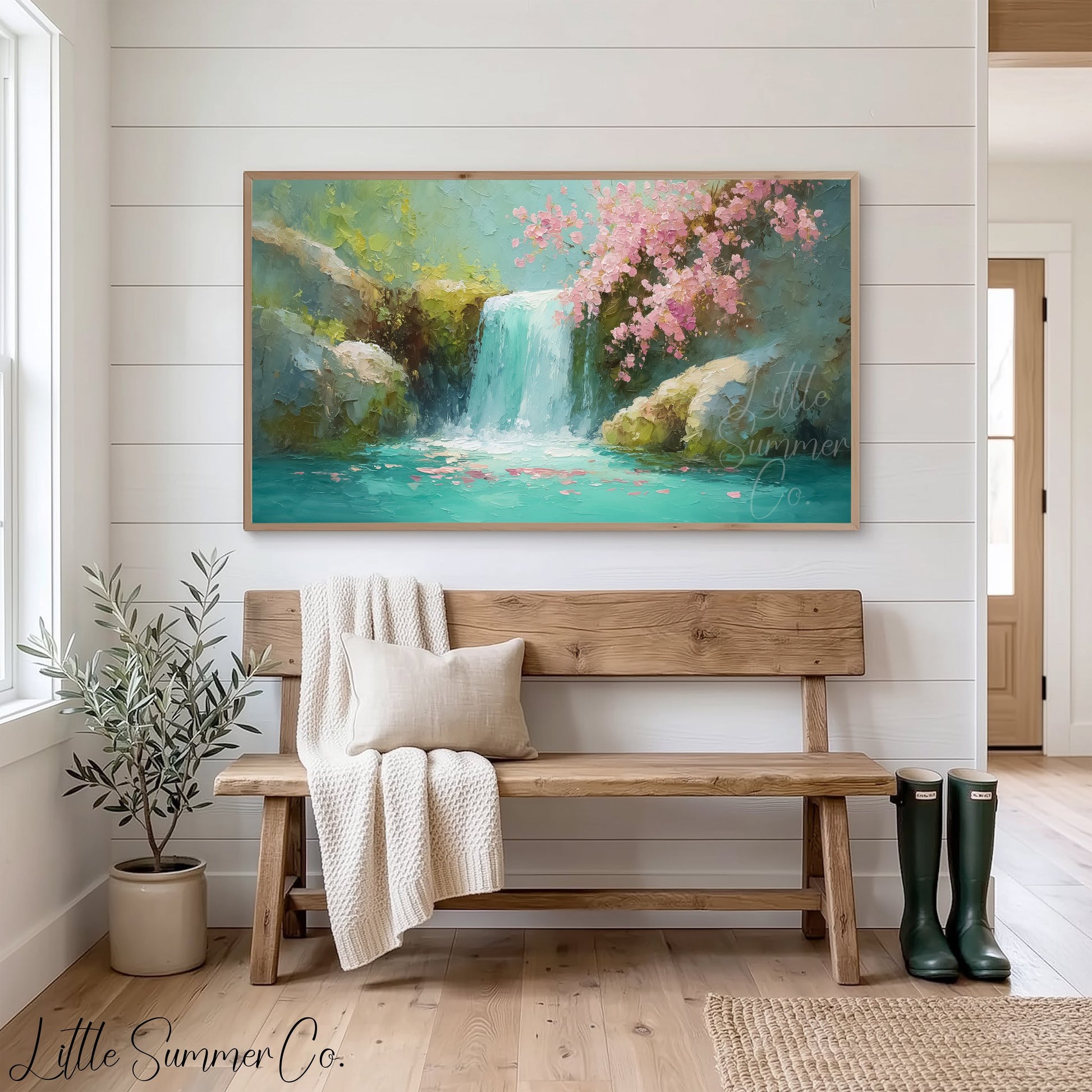Cherry Blossom Waterfall Frame TV Art displayed on a TV