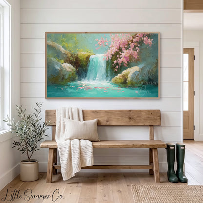 Cherry Blossom Waterfall Frame TV Art displayed on a TV