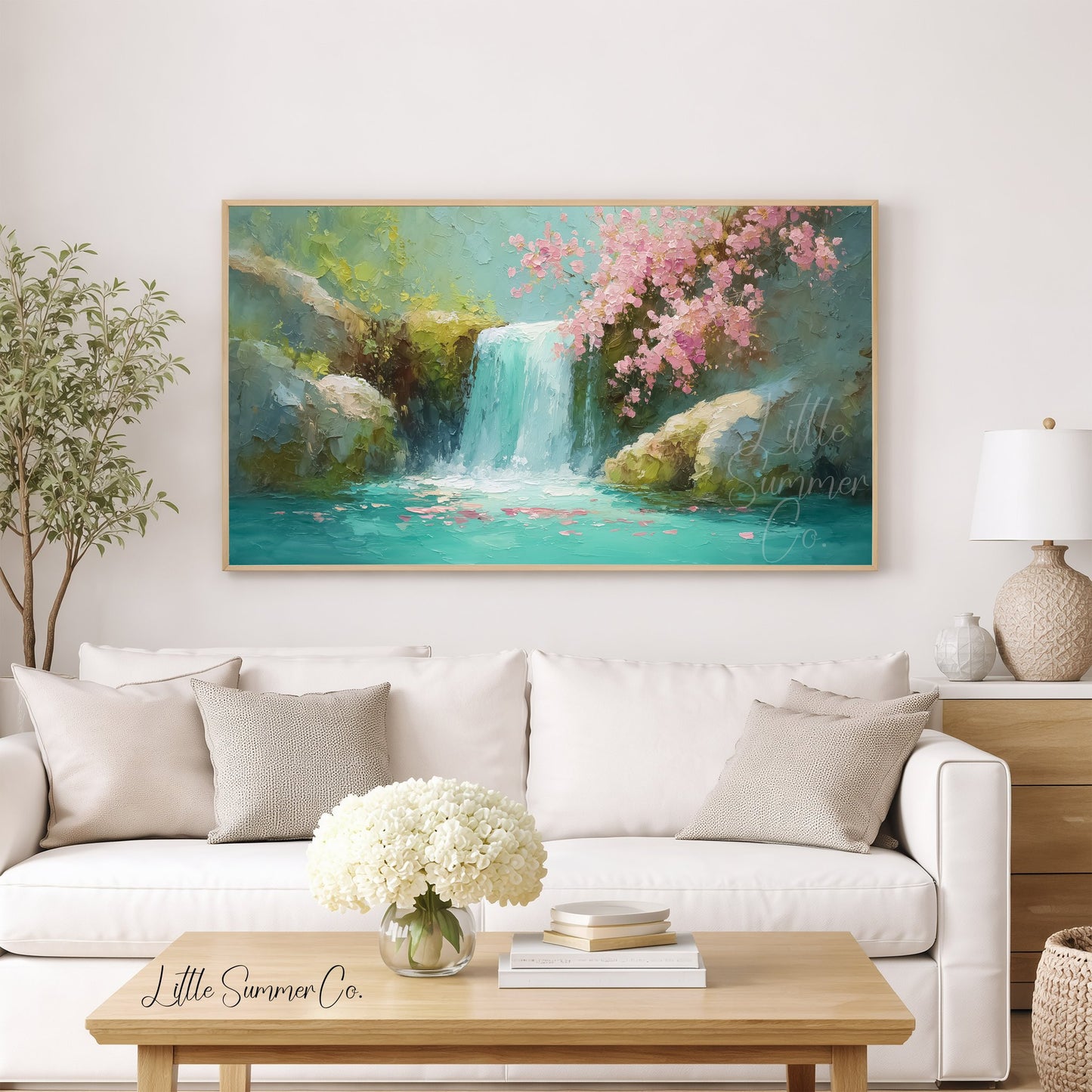Cherry Blossom Waterfall Frame TV Art displayed on a TV