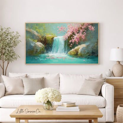 Cherry Blossom Waterfall Frame TV Art displayed on a TV