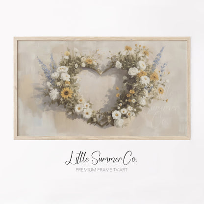 Wildflower Heart Wreath Frame TV Art displayed on a TV