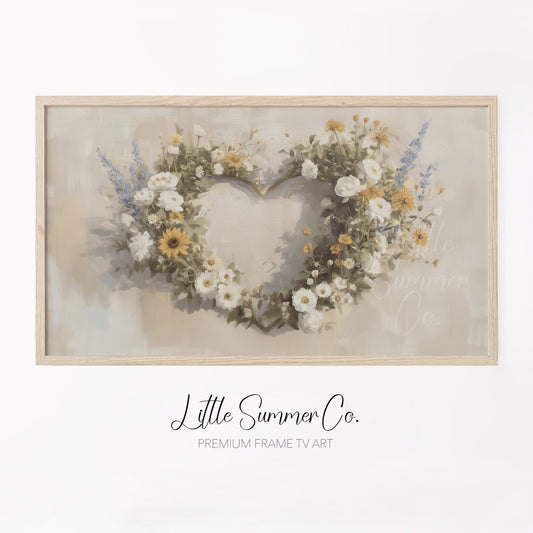Wildflower Heart Wreath Frame TV Art displayed on a TV
