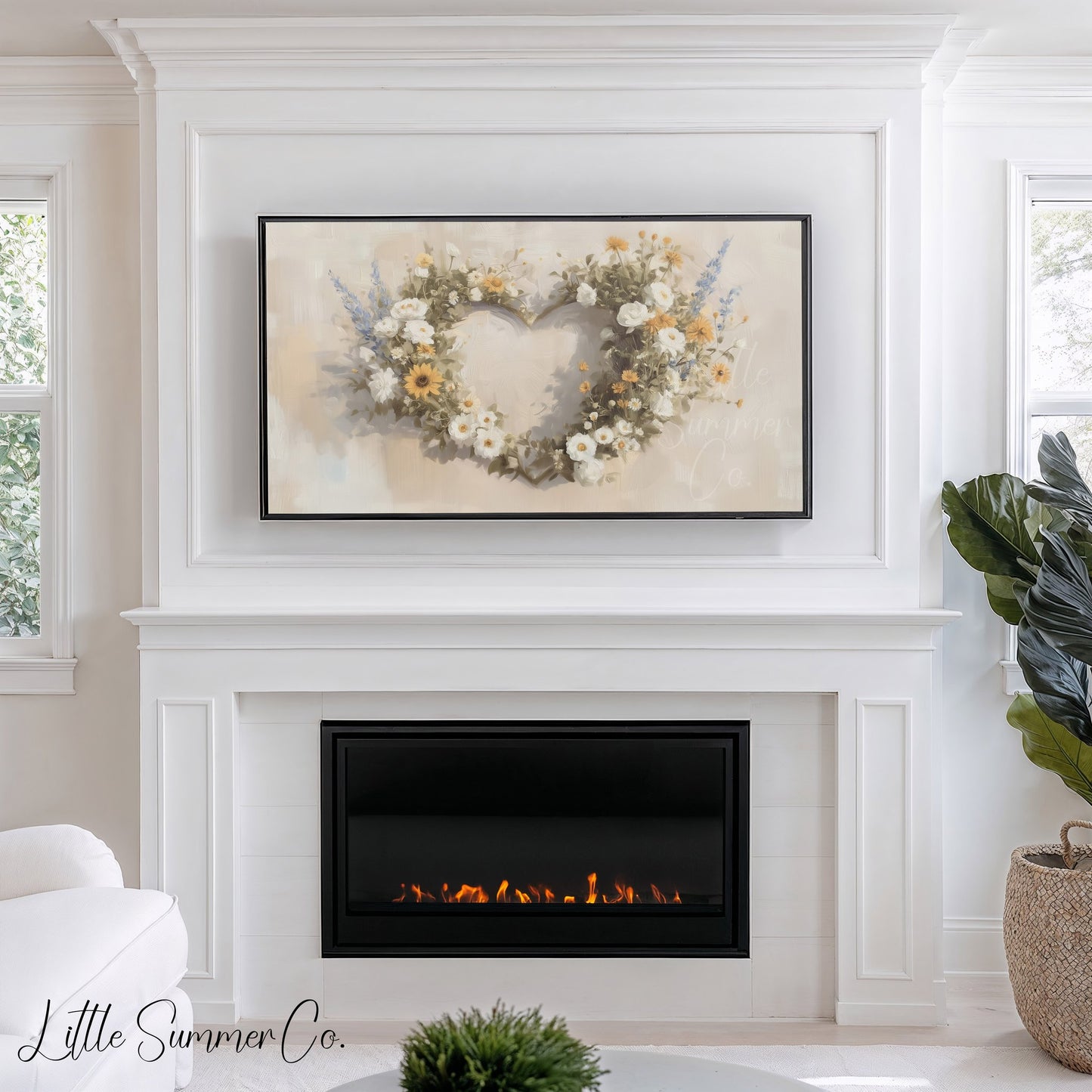 Wildflower Heart Wreath Frame TV Art displayed on a TV