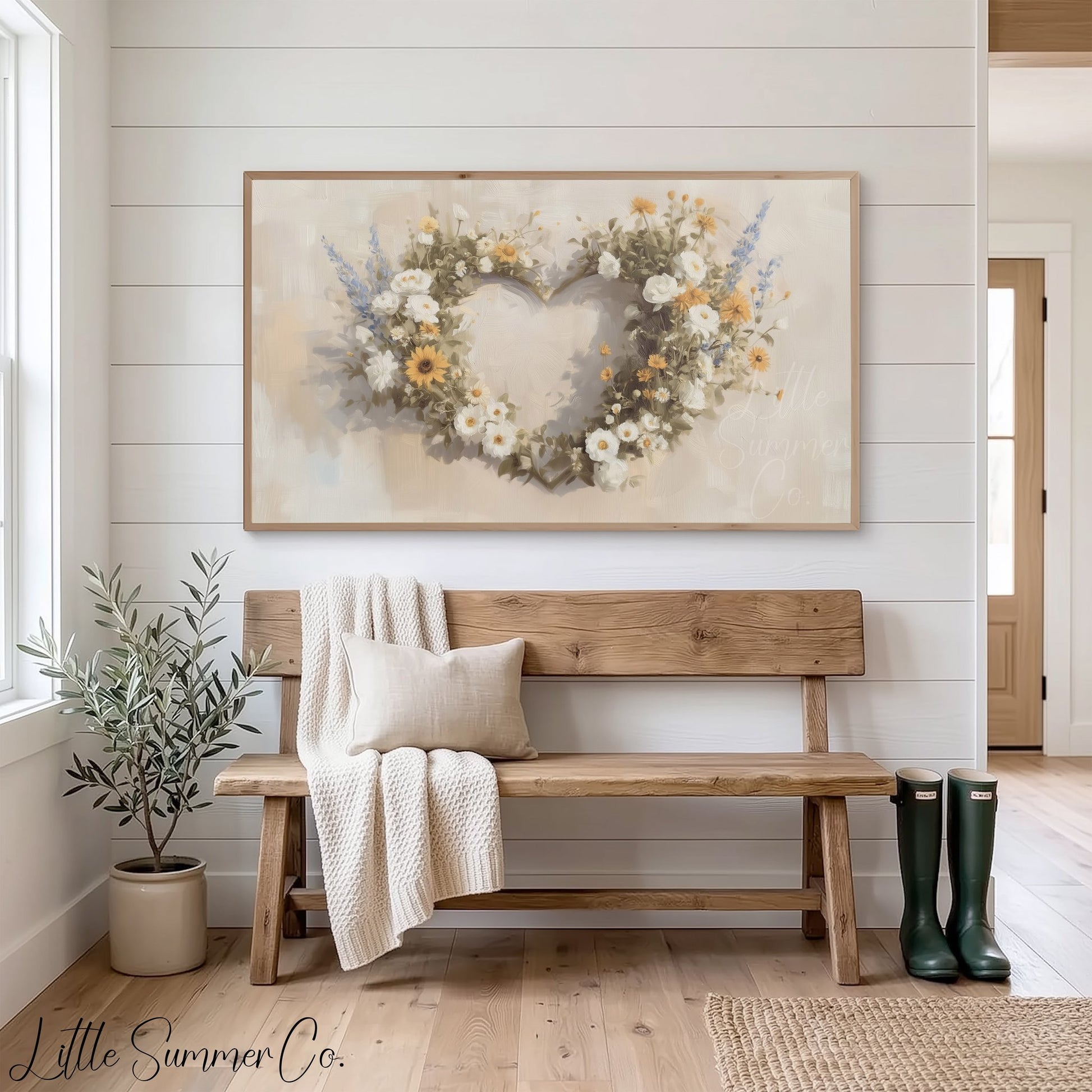Wildflower Heart Wreath Frame TV Art displayed on a TV