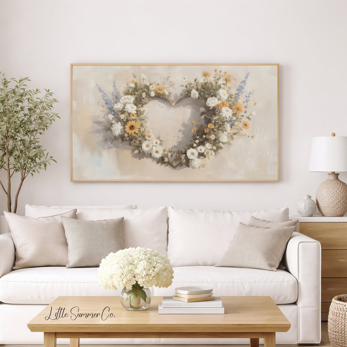 Wildflower Heart Wreath Frame TV Art displayed on a TV