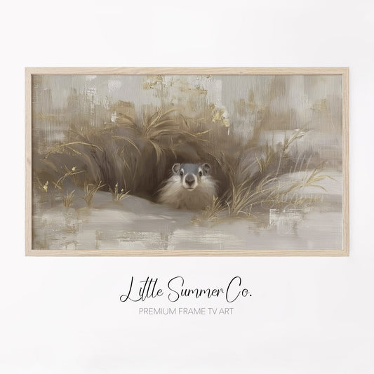 Groundhog Peeking From Burrow Frame TV Art displayed on a TV