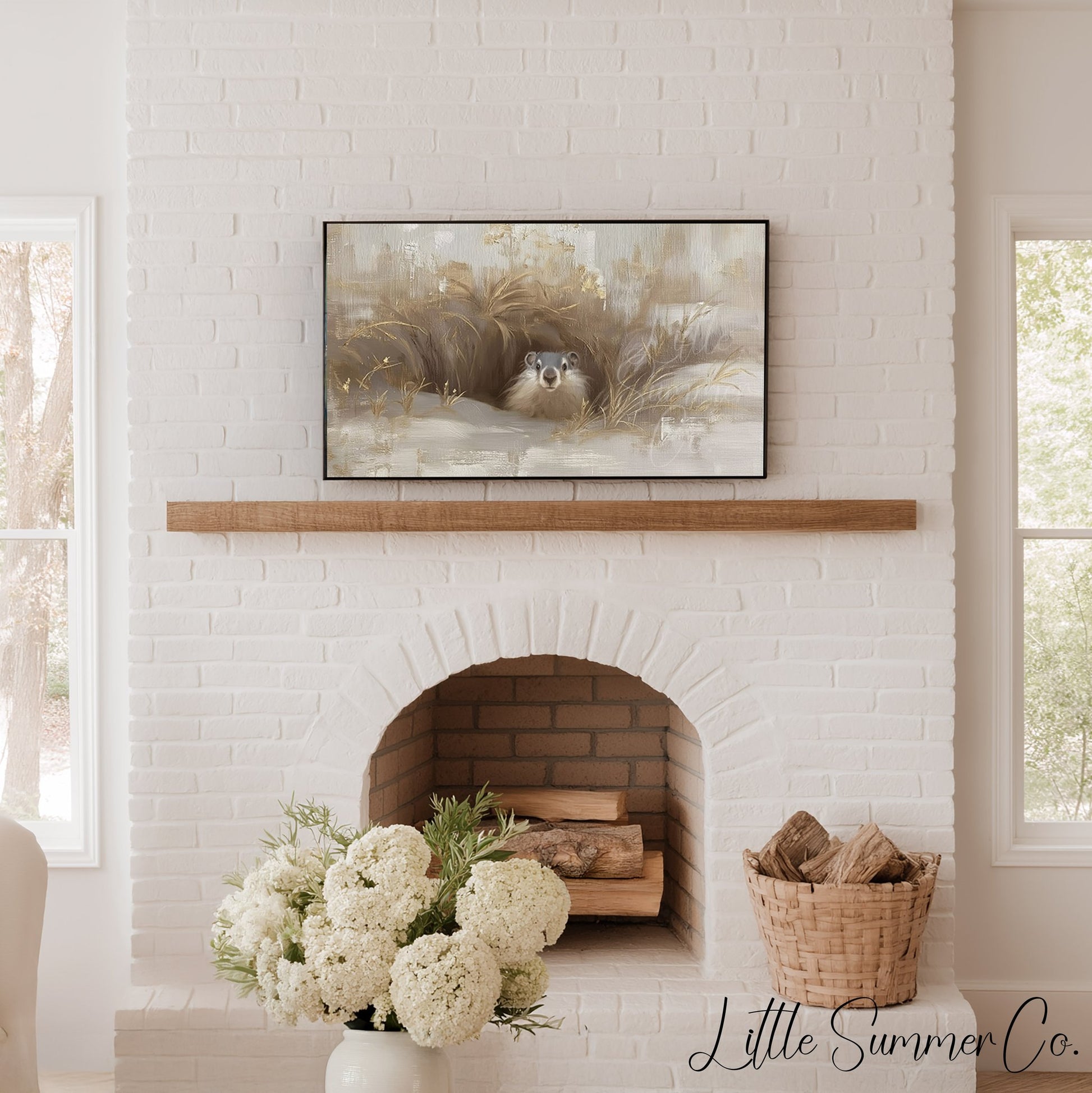 Groundhog Peeking From Burrow Frame TV Art displayed on a TV