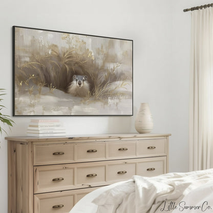 Groundhog Peeking From Burrow Frame TV Art displayed on a TV
