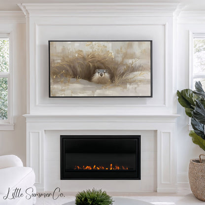 Groundhog Peeking From Burrow Frame TV Art displayed on a TV
