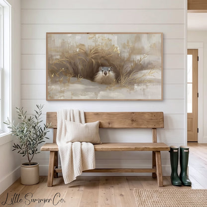 Groundhog Peeking From Burrow Frame TV Art displayed on a TV