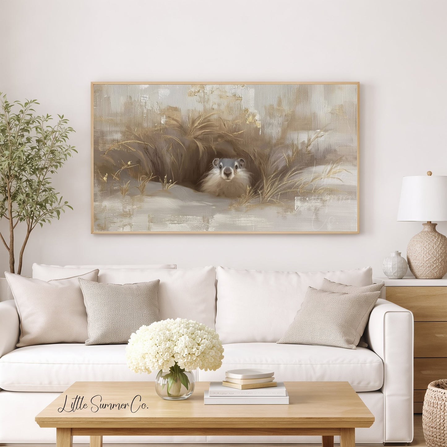Groundhog Peeking From Burrow Frame TV Art displayed on a TV