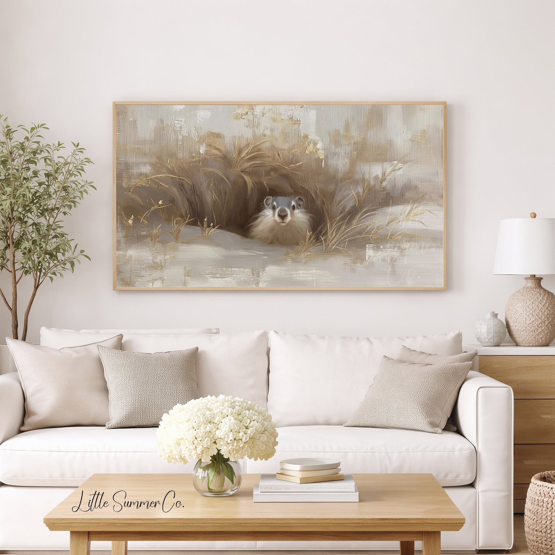Groundhog Peeking From Burrow Frame TV Art displayed on a TV