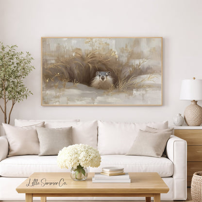 Groundhog Peeking From Burrow Frame TV Art displayed on a TV