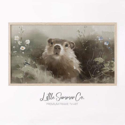 Groundhog Among Wildflowers Frame TV Art displayed on a TV