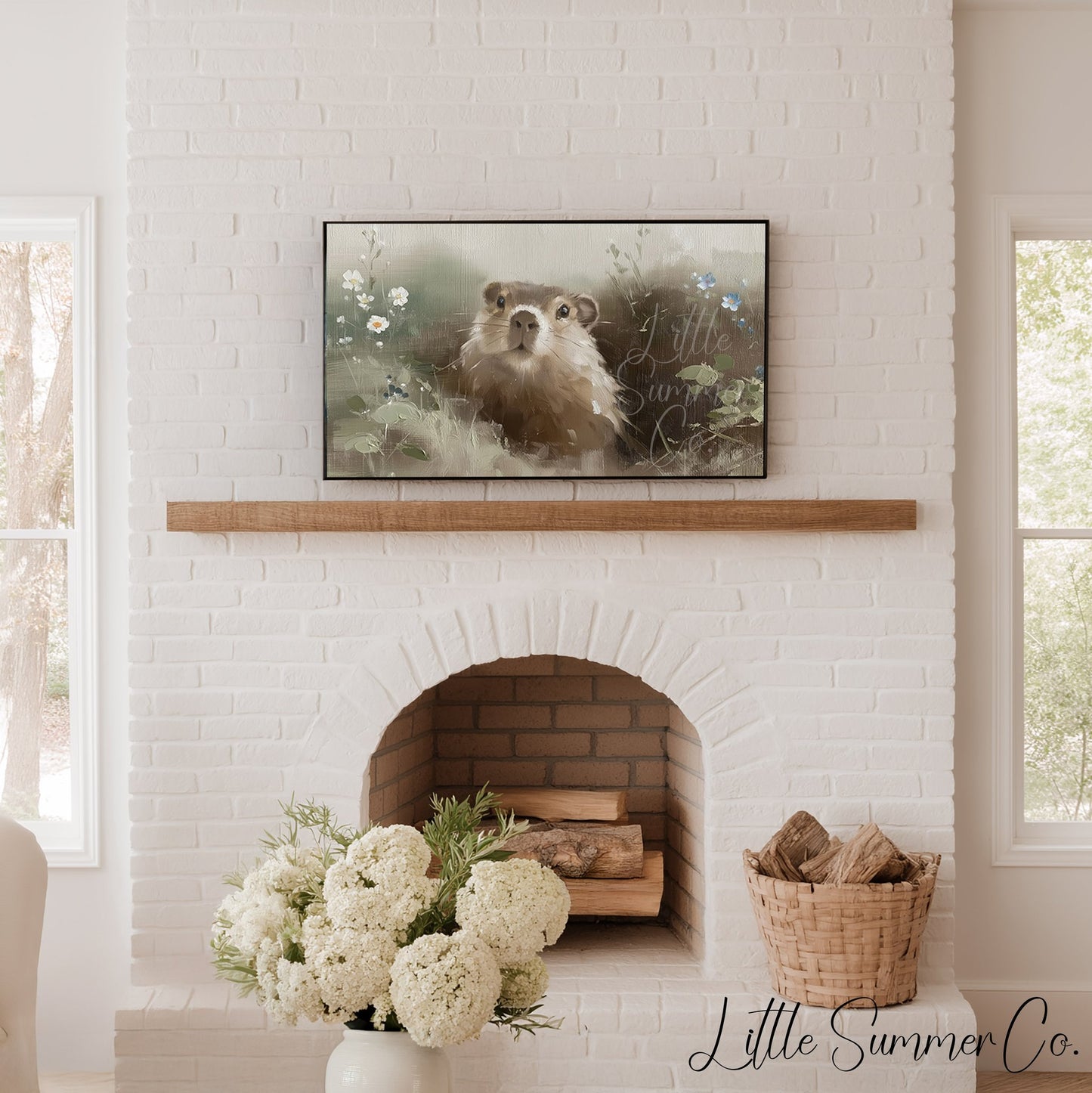 Groundhog Among Wildflowers Frame TV Art displayed on a TV