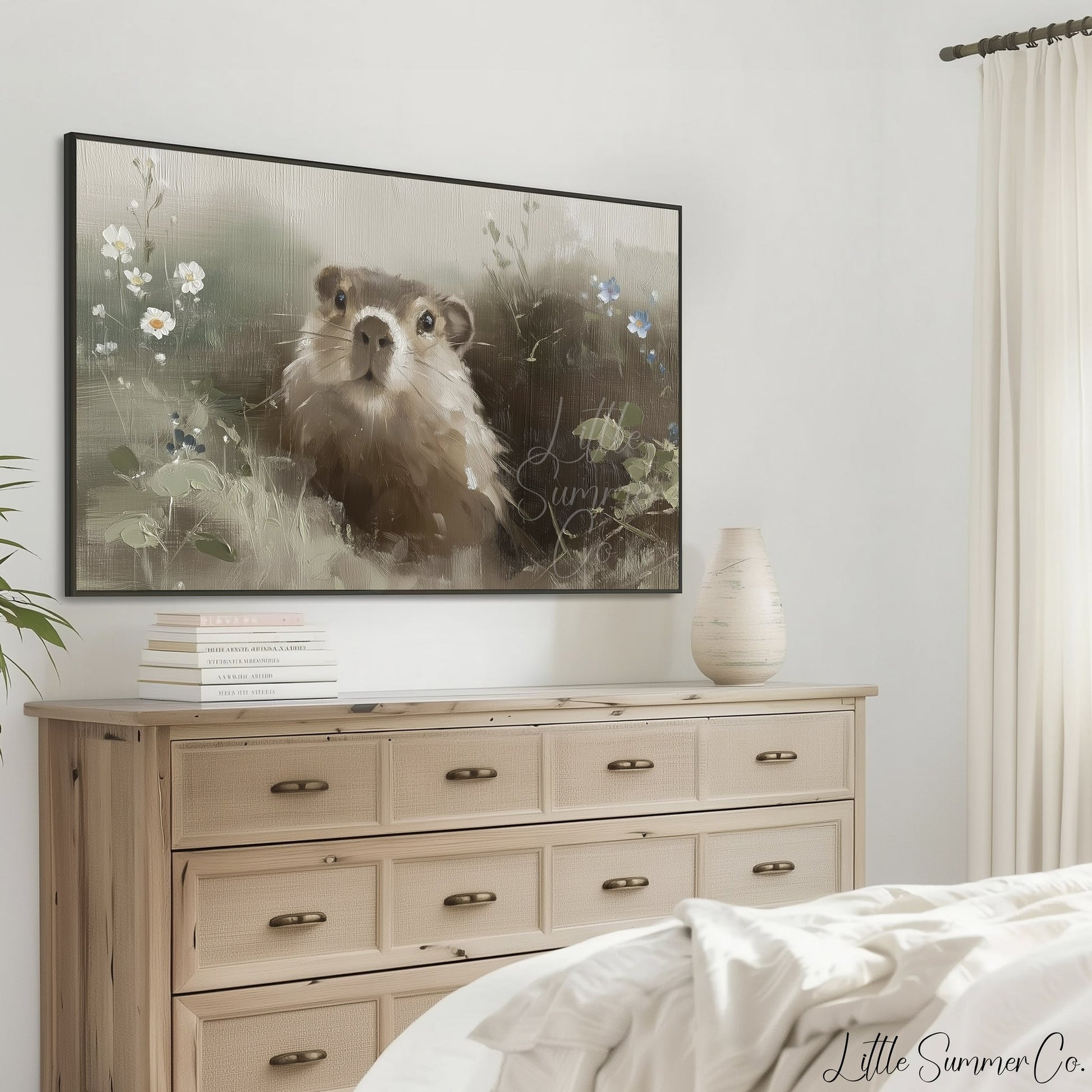 Groundhog Among Wildflowers Frame TV Art displayed on a TV