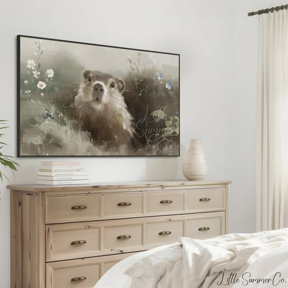 Groundhog Among Wildflowers Frame TV Art displayed on a TV
