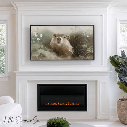 Groundhog Among Wildflowers Frame TV Art displayed on a TV