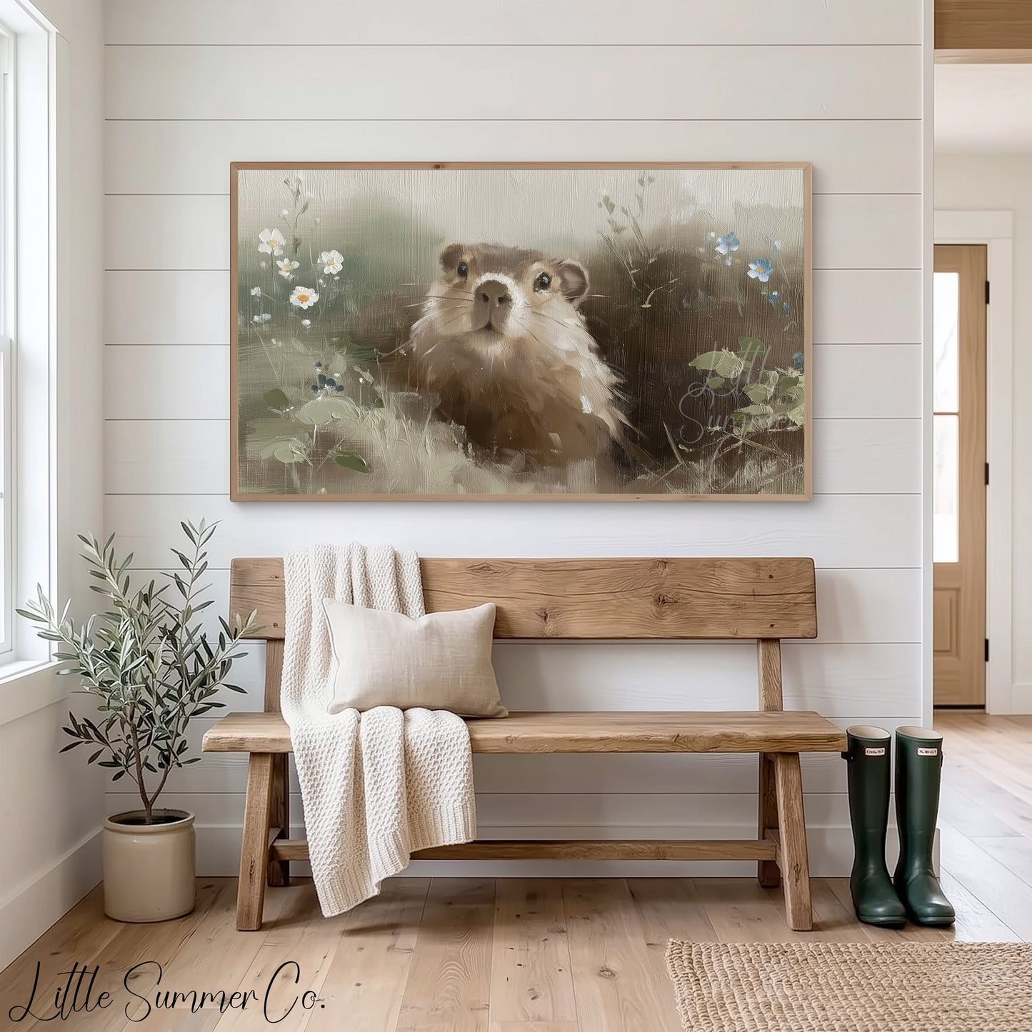 Groundhog Among Wildflowers Frame TV Art displayed on a TV