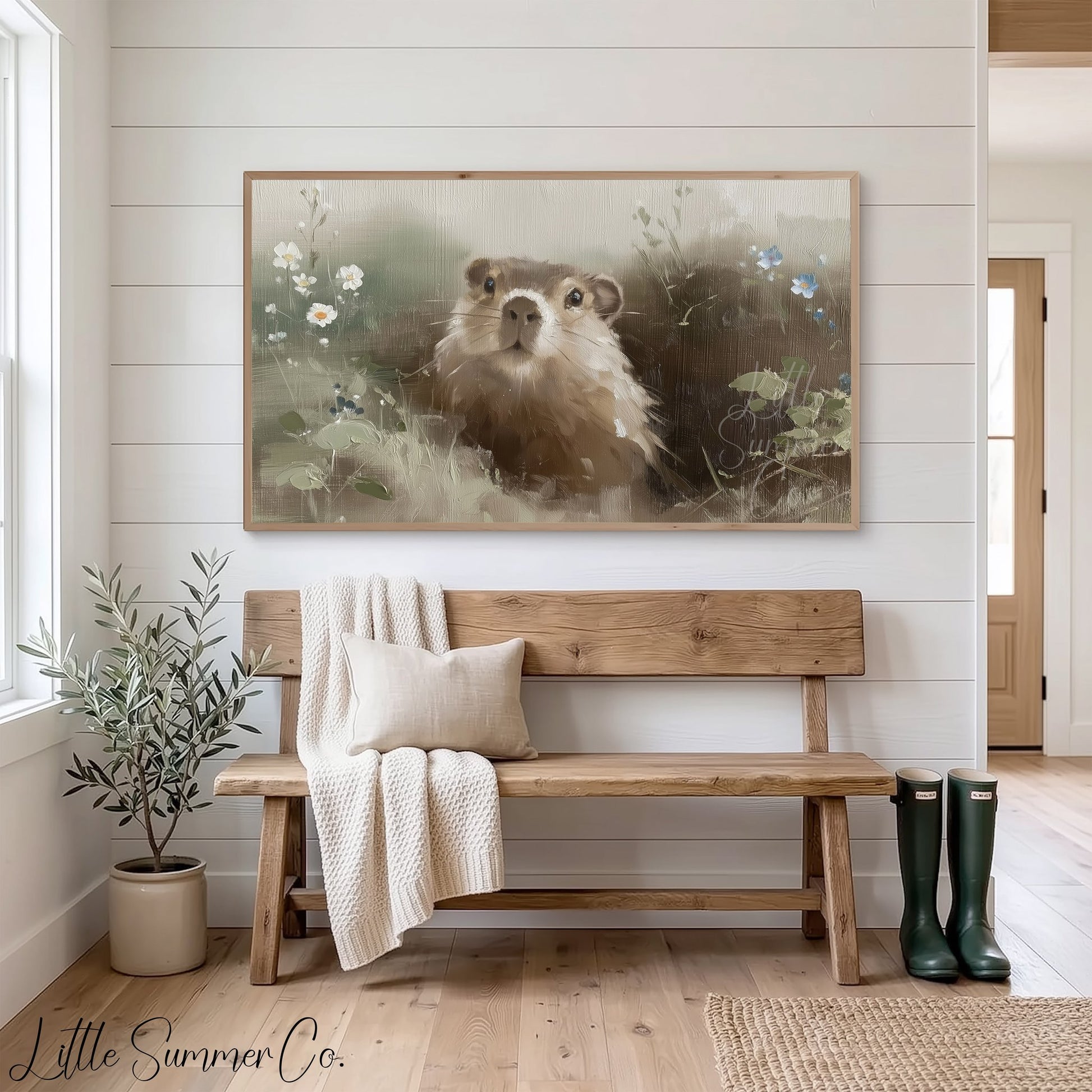 Groundhog Among Wildflowers Frame TV Art displayed on a TV