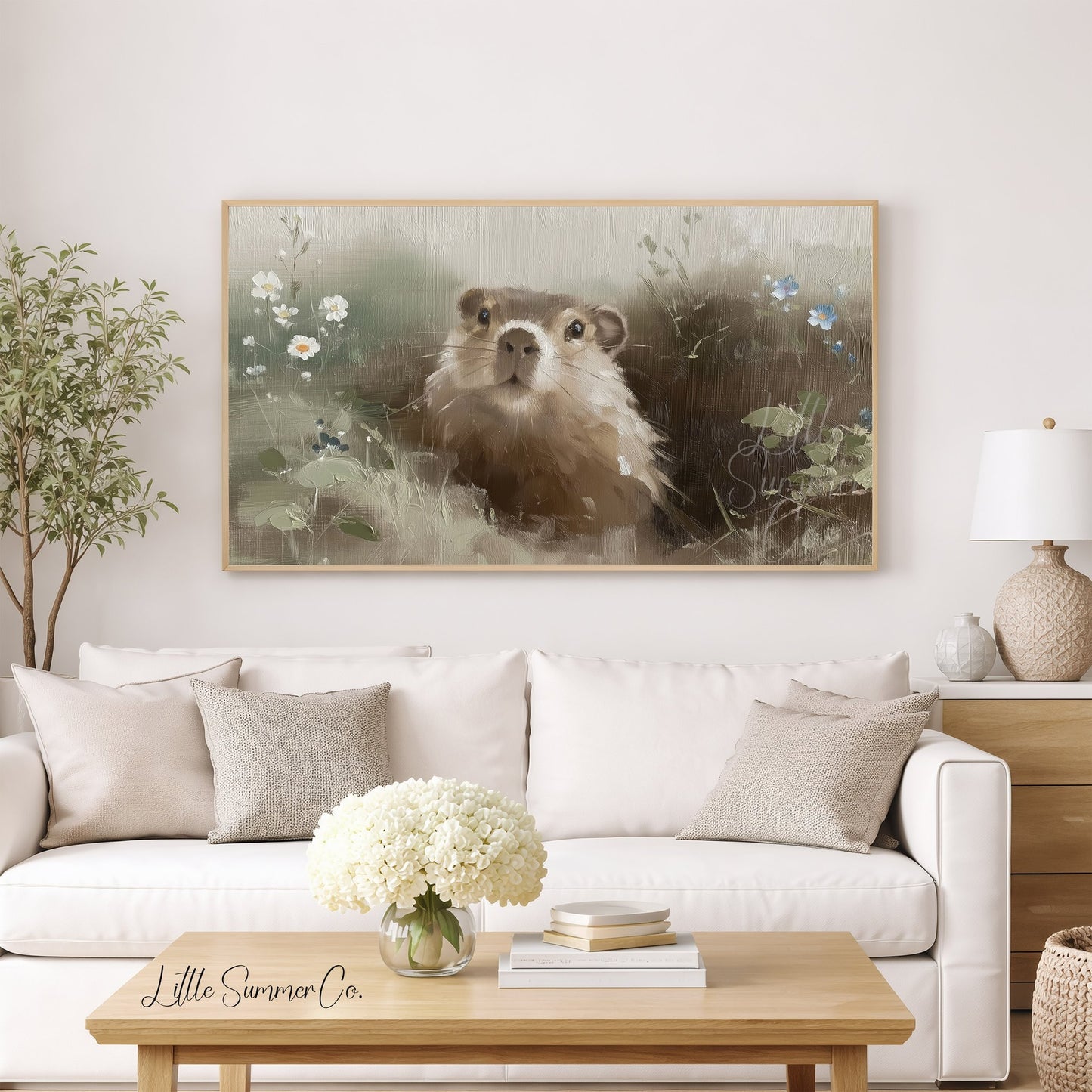 Groundhog Among Wildflowers Frame TV Art displayed on a TV