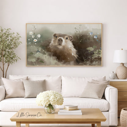 Groundhog Among Wildflowers Frame TV Art displayed on a TV