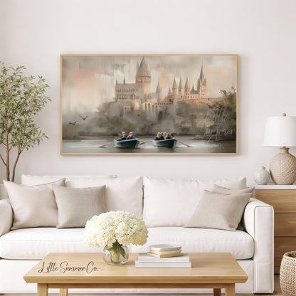 Castle Lake Rowboats Frame TV Art displayed on a TV