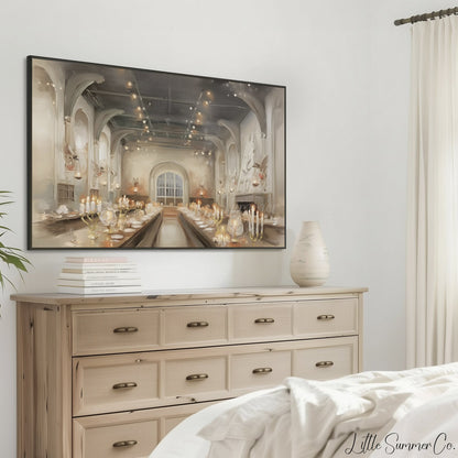 Candlelit Banquet Hall Frame TV Art displayed on a TV