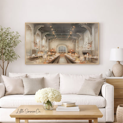Candlelit Banquet Hall Frame TV Art displayed on a TV